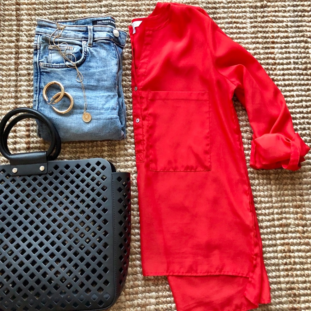 Red high-low button up blouse
